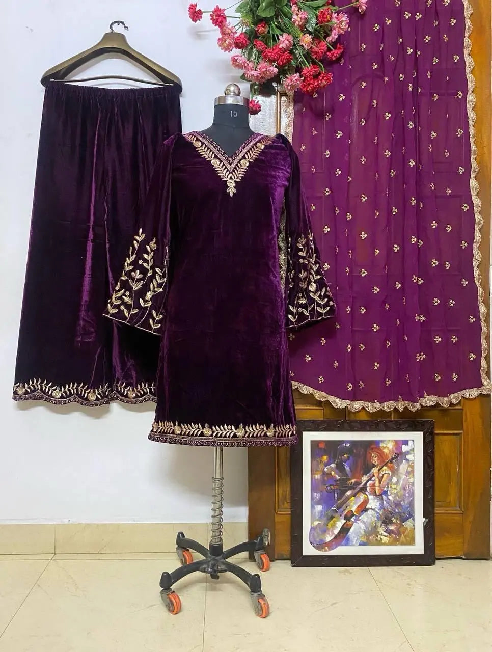 Lace work Velvet Kurti Pant Set ( Stitched) - Premium  from Ethenika.com - Just INR 2190! Shop now at Ethenika.com 