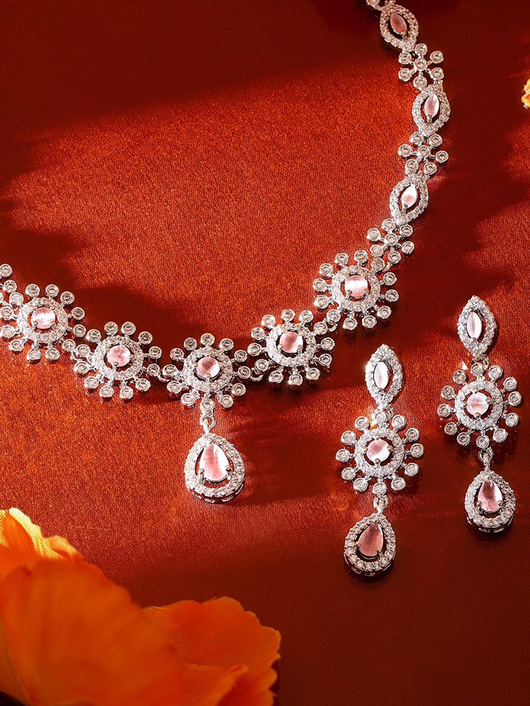 Pink Stoned American Diamond Silver Plated Necklace and Floral Drop Earrings Jewellery Set
