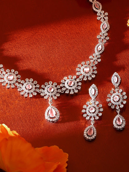 Pink Stoned American Diamond Silver Plated Necklace and Floral Drop Earrings Jewellery Set