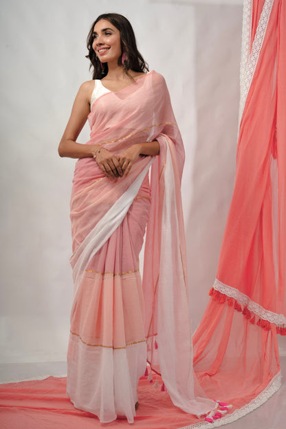 Woven Mul Cotton Handloom Saree - Pink Ombre