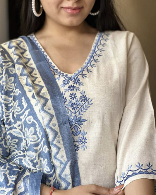 Elegant Handloom Cotton Embroidered Kurta Set with Dupatta