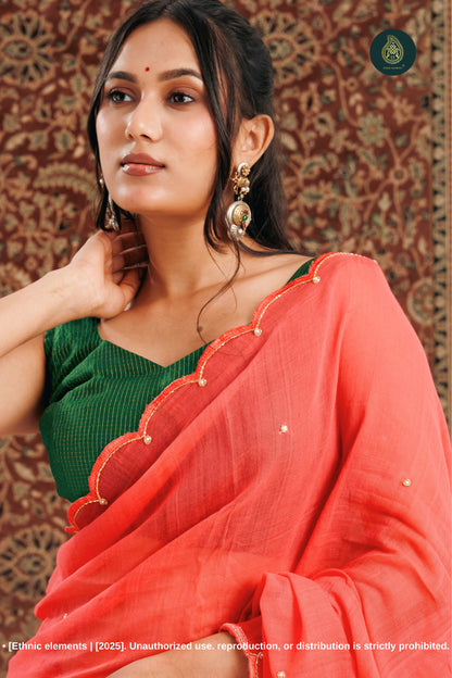 Handcrafted Zardozi & Cutdana Mul Cotton Saree - Rouge Red