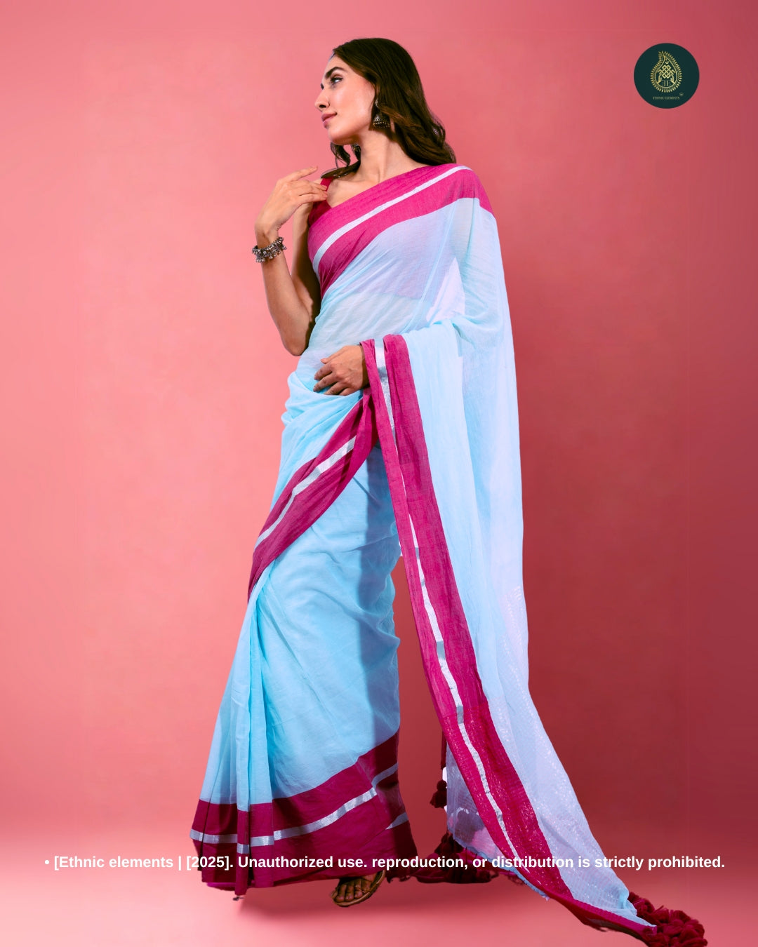 Mul Cotton Saree with Contrast Border Zari Aura - Icy Breeze