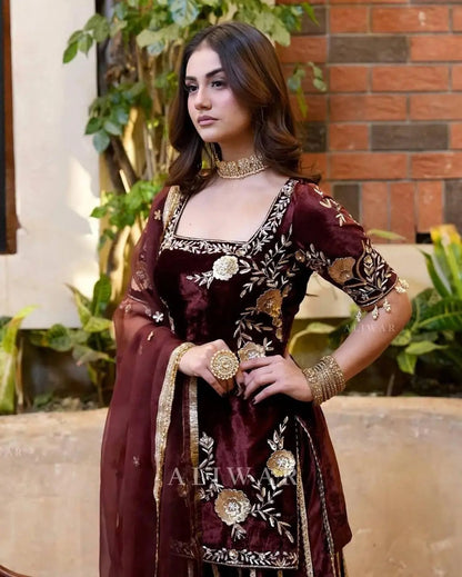 Pure Viscos Heavy Velvet Embroidery Work Velvet Kurti Sharara Set - Premium  from Ethenika.com  - Just INR 4590! Shop now at Ethenika.com 