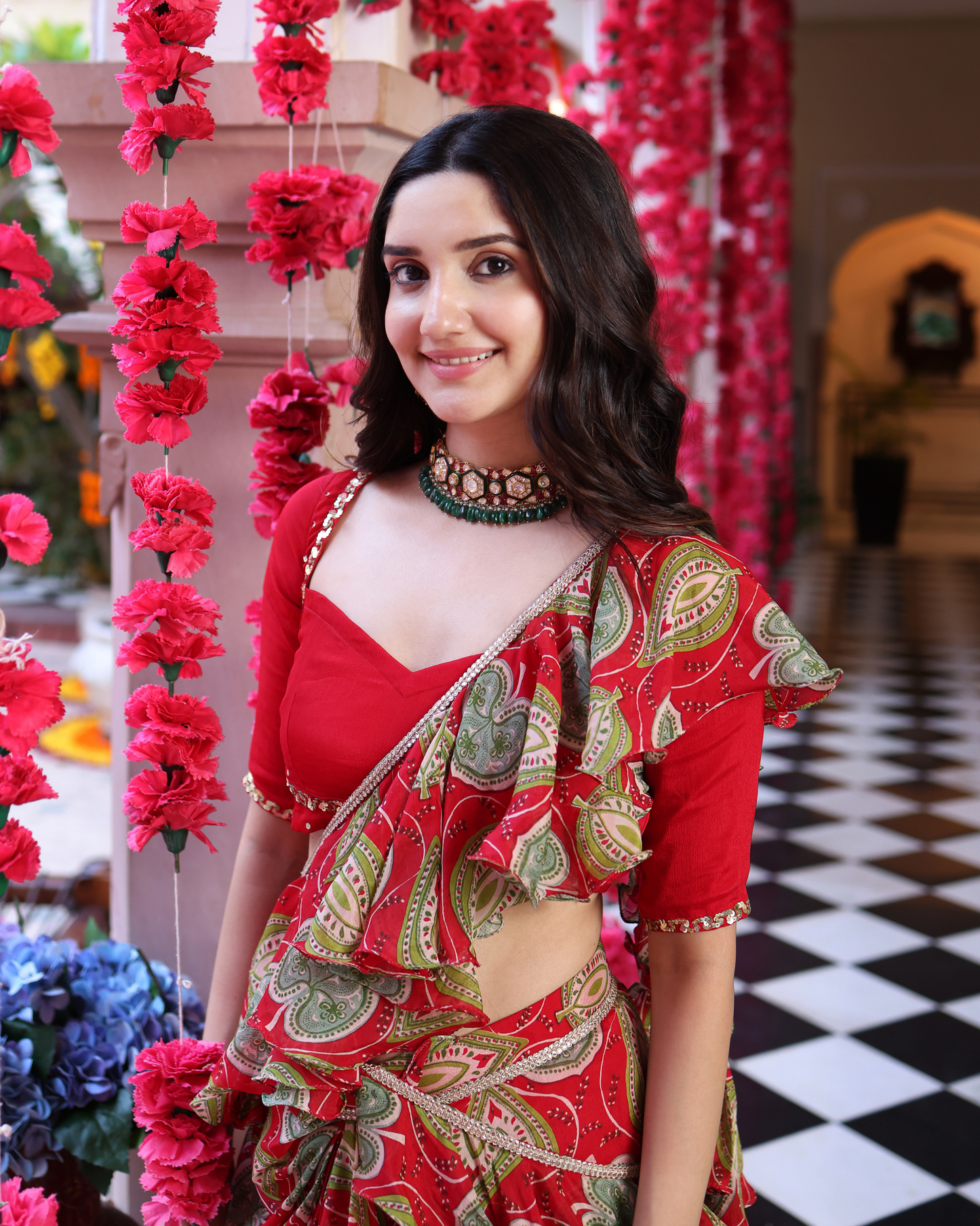 Ashen Red Bloom Printed Chinon Pre Draped Saree