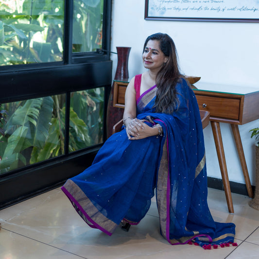 Premium Woven Linen Saree - Deep Blue