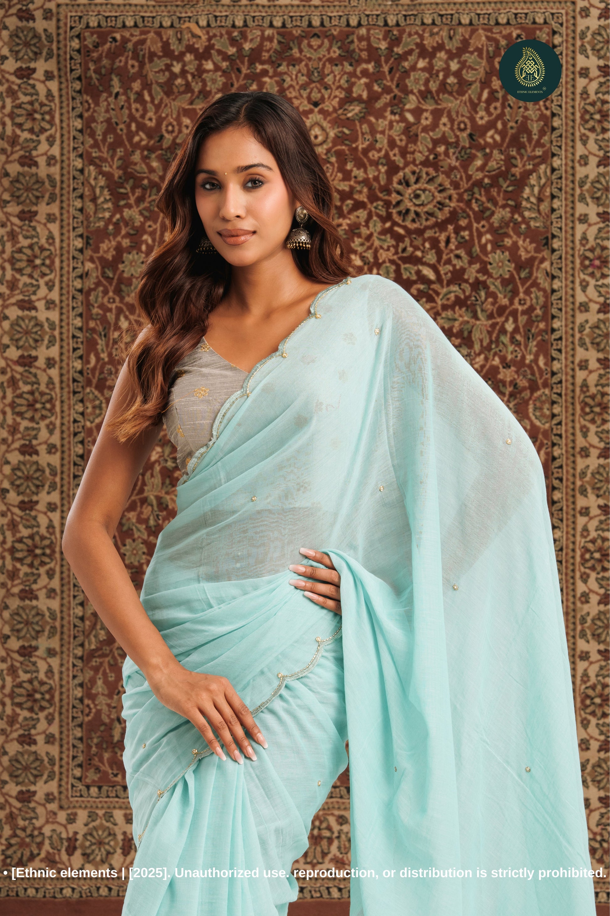 Handcrafted Zardozi & Cutdana Mul Cotton Saree - Misty Blue