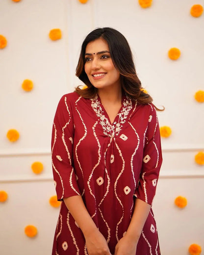 Neckline Thread Work Leheriya Kurti Pant Set (Stitched) - Premium  from Ethenika.com  - Just INR 1990! Shop now at Ethenika.com 