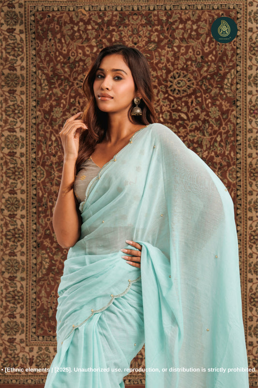 Handcrafted Zardozi & Cutdana Mul Cotton Saree - Misty Blue