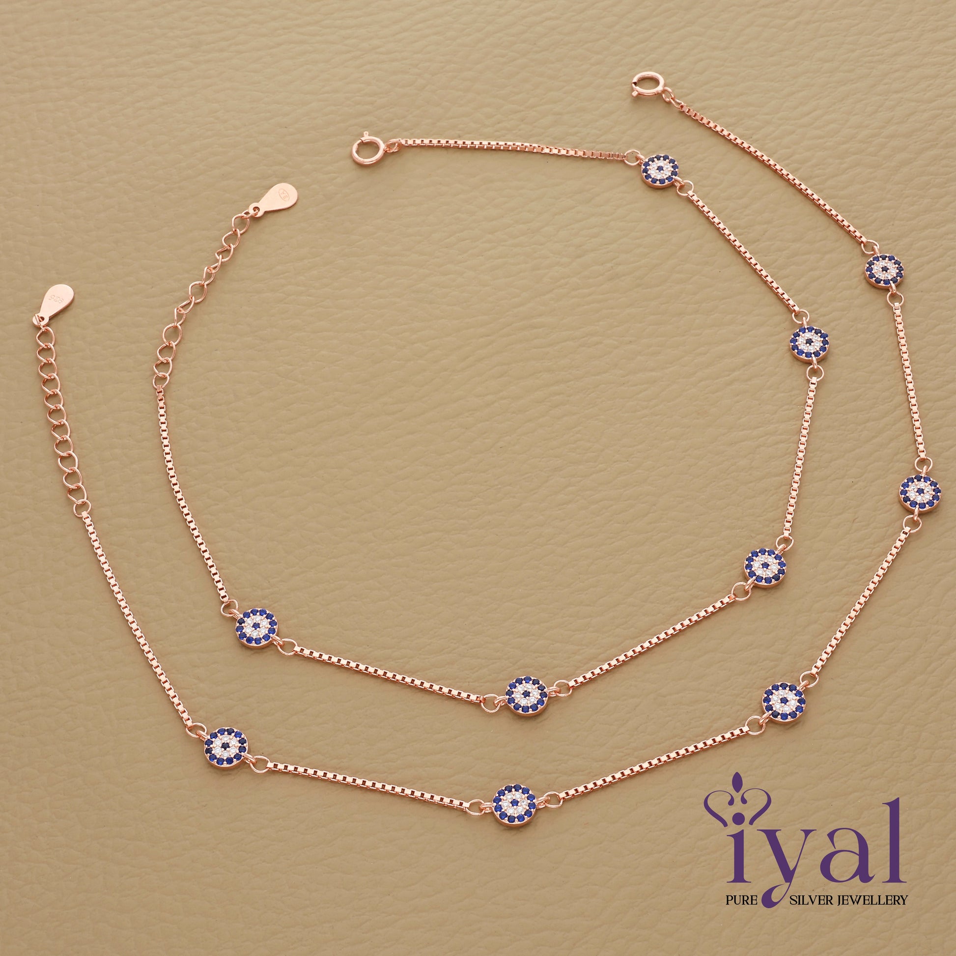Enchanting Evil Eye Charm Rose Gold Polish Silver Anklet