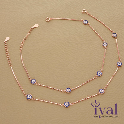Enchanting Evil Eye Charm Rose Gold Polish Silver Anklet