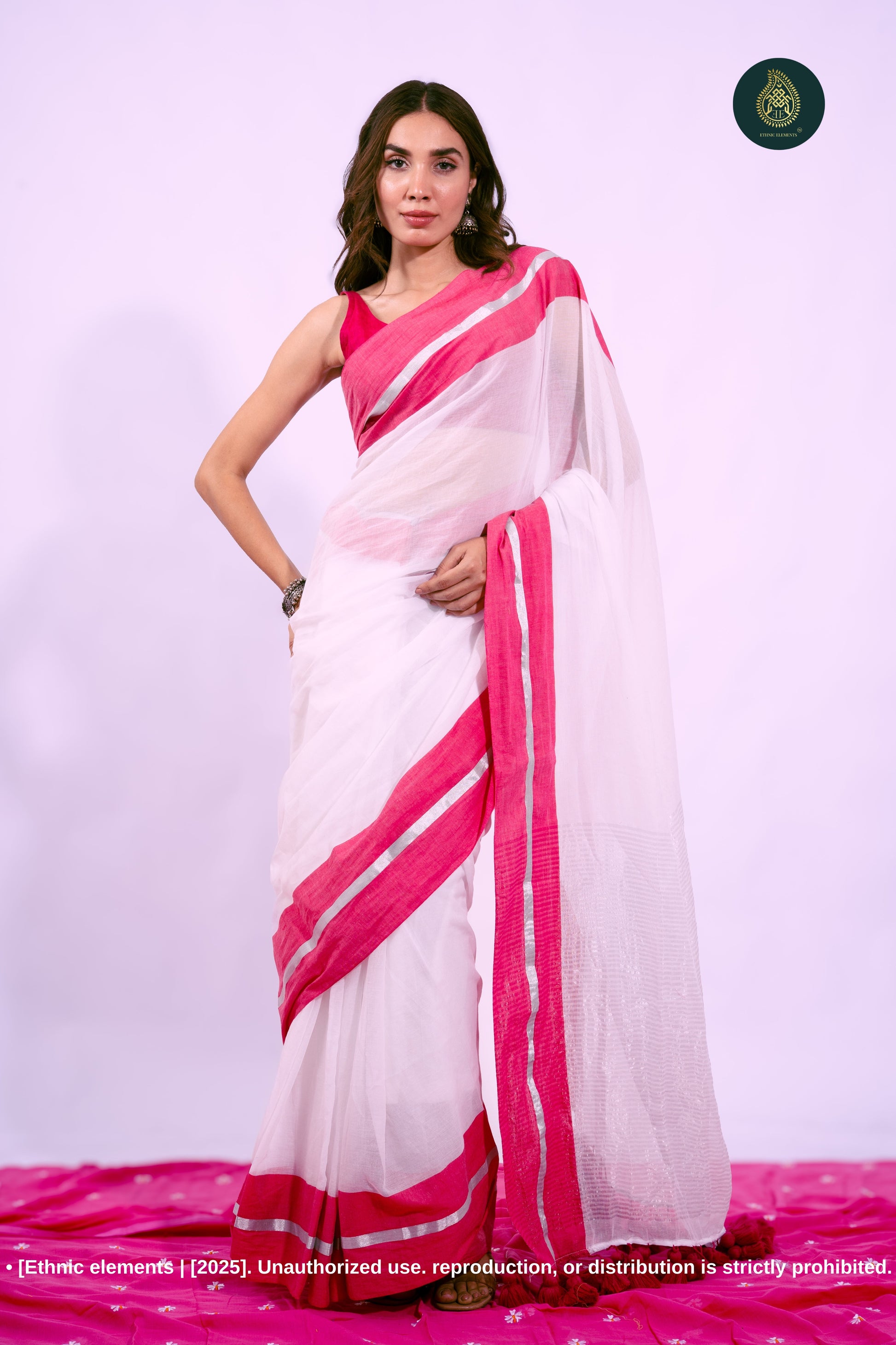 Mul Cotton Saree with Contrast Border Zari Aura - Snow Veil