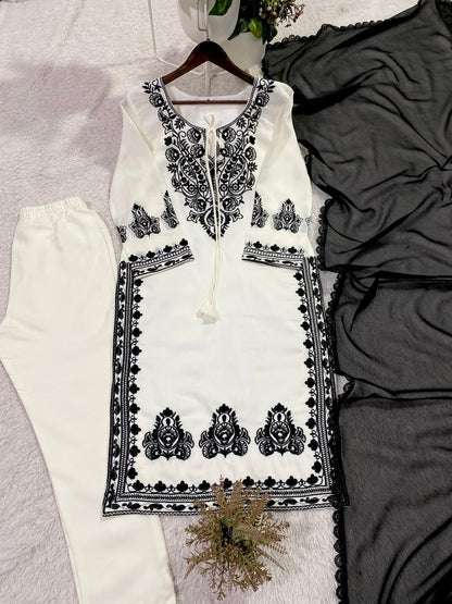 Rayon Chikankari Work Kurti Pant Dupatta Set