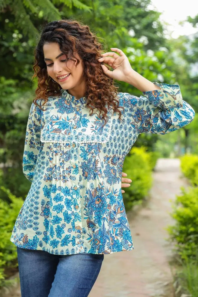 Women Blue Floral Sleeve Top