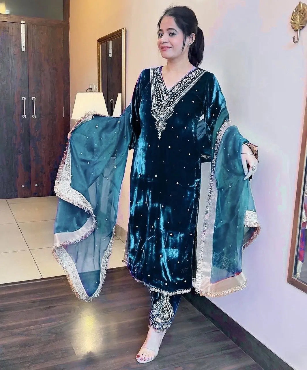 Winter Velvet Embroided Kurti Pant Dupatta Set - Premium  from Ethenika.com - Just INR 2590! Shop now at Ethenika.com 