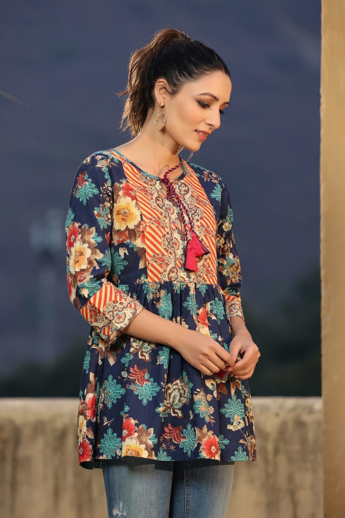 Floral Printed Cotton A-Line Peplum Top