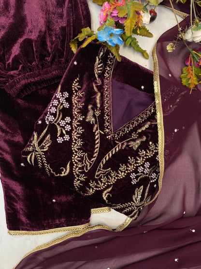 Winter Special Embroidery kodi work Velvet Kurti Pant Dupatta Set - Premium  from Ethenika.com  - Just INR 3290! Shop now at Ethenika.com 