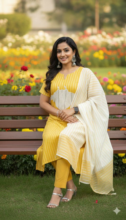 Cream Color And Mustard Yellow Kurti Set 3 Piece For Women