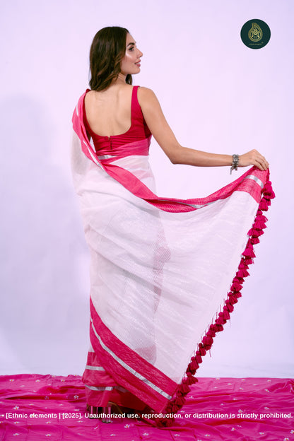 Mul Cotton Saree with Contrast Border Zari Aura - Snow Veil