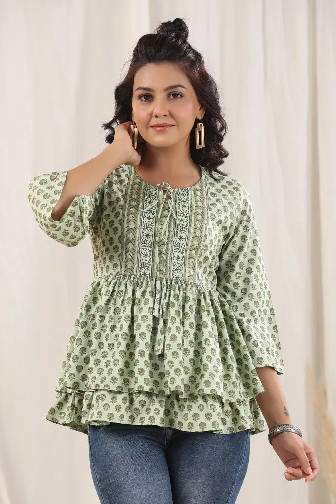 Motifs Printed Tie-Up Neck Peplum Top
