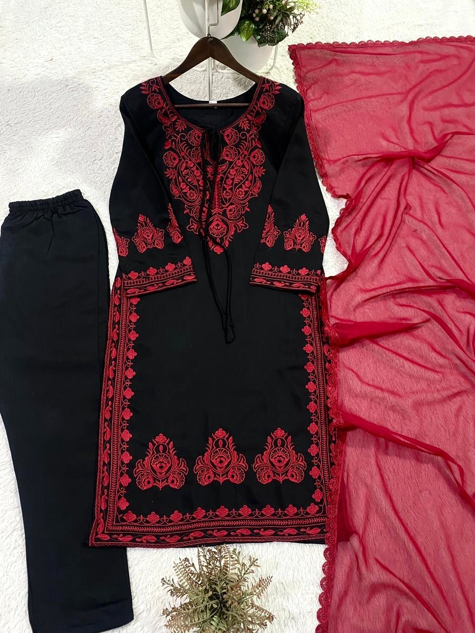 Rayon Chikankari Work Kurti Pant Dupatta Set