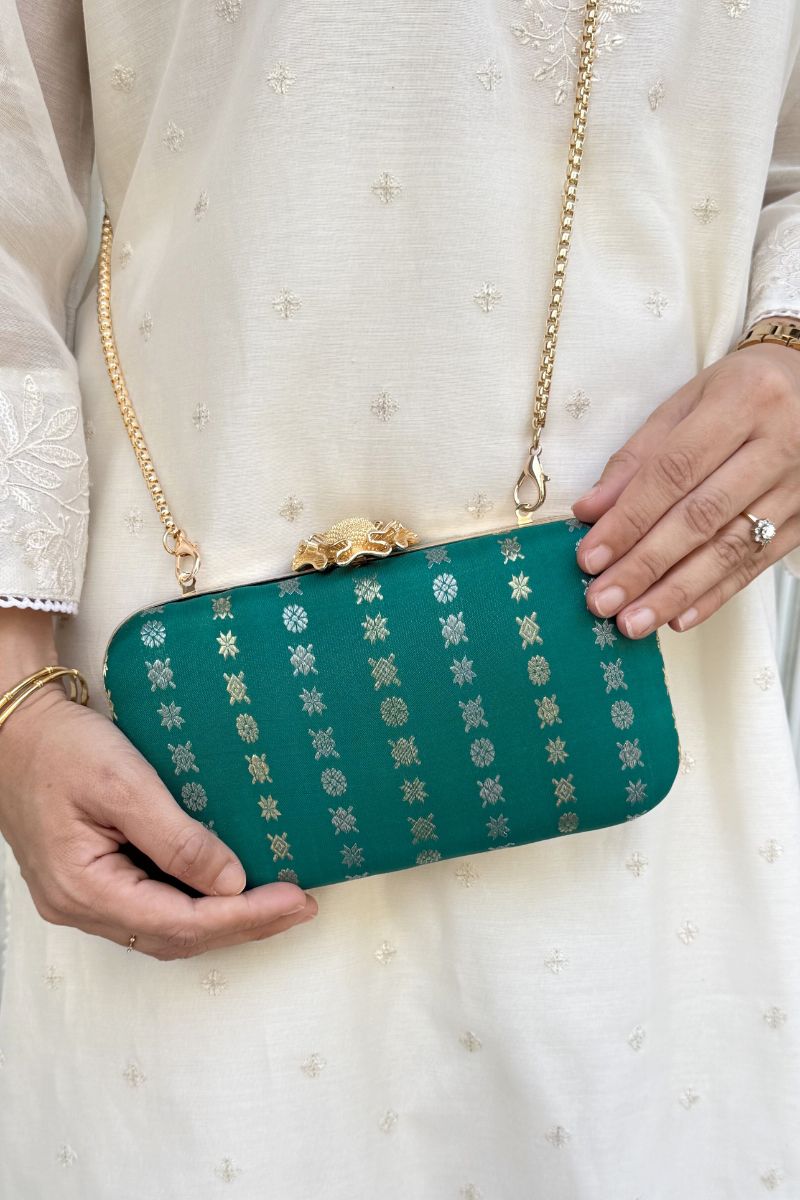 Palki Pure Kanchi Silk Clutch - Turquoise