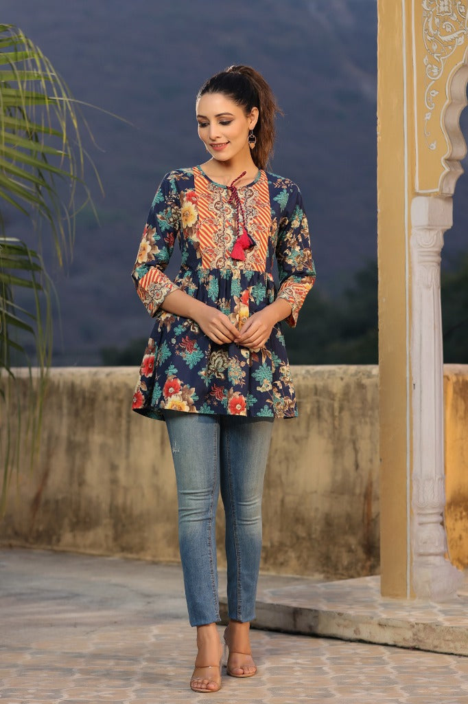 Women Blue Floral Printed Cotton Top
