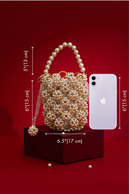 AMYRA - Leila Offwhite Pearl Ring Bucket Bag