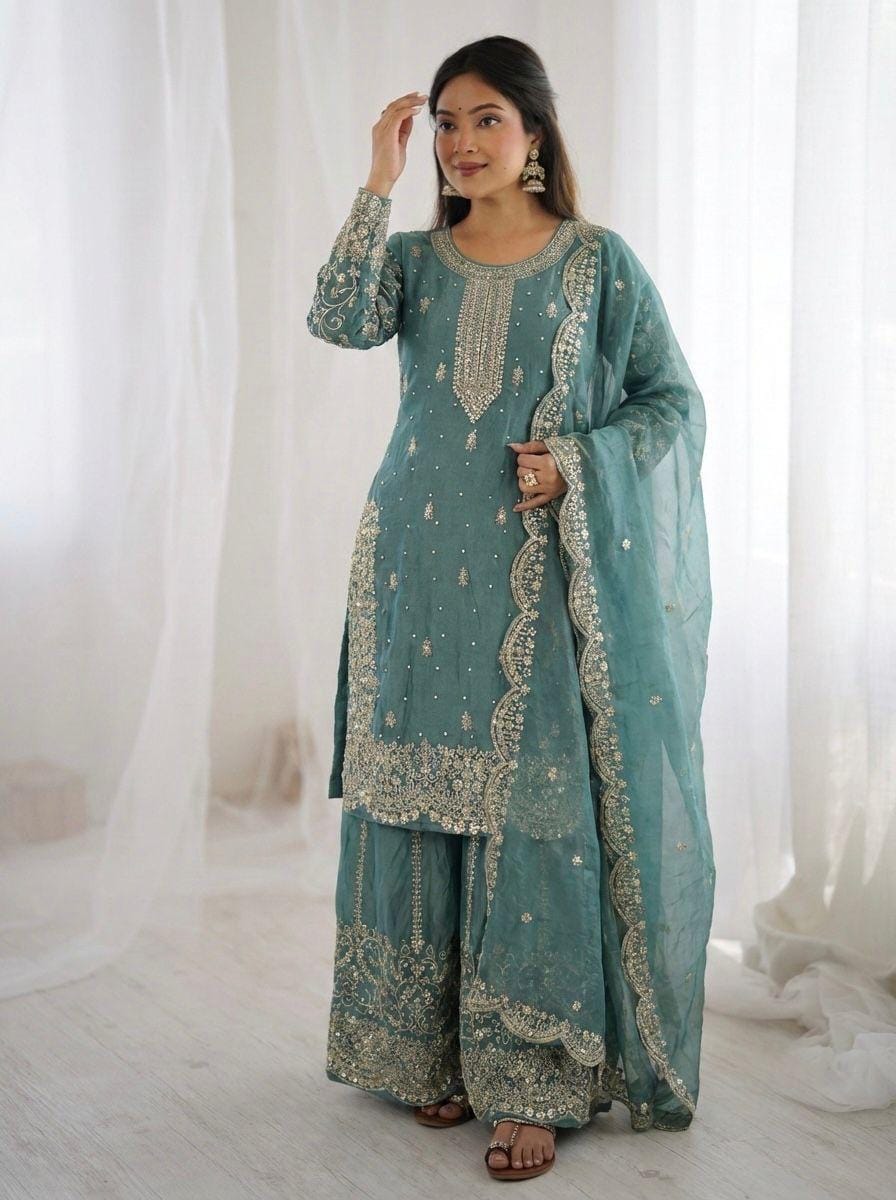 Fendi Silk Embroidery Work Designer Kurti Sharara Dupatta Set