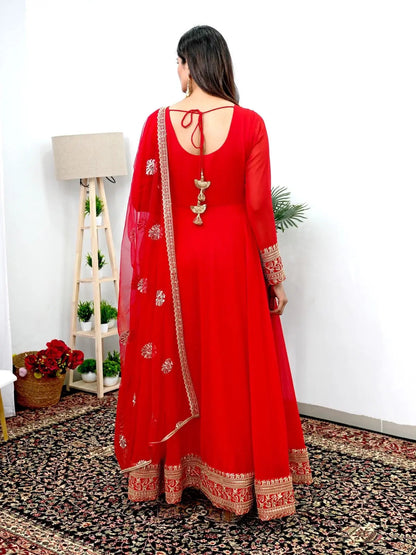 Elegant Red Gown Dupatta set for Karwachauth (Stitched) - Premium  from Ethenika.com - Just INR 2990! Shop now at Ethenika.com 