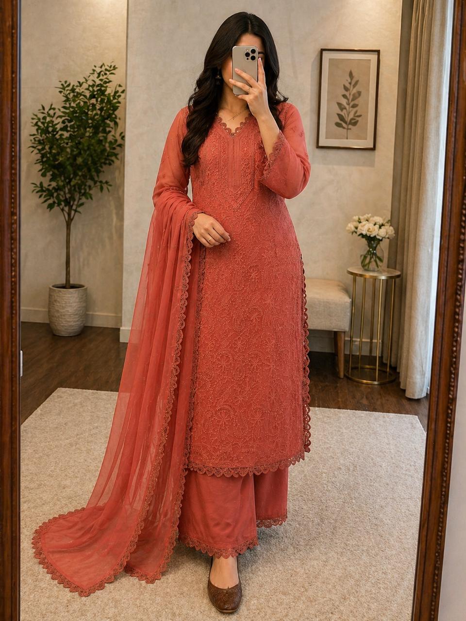rUST Color Chikankari Kurti Palazzo with Dupatta 