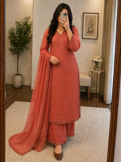 rUST Color Chikankari Kurti Palazzo with Dupatta 
