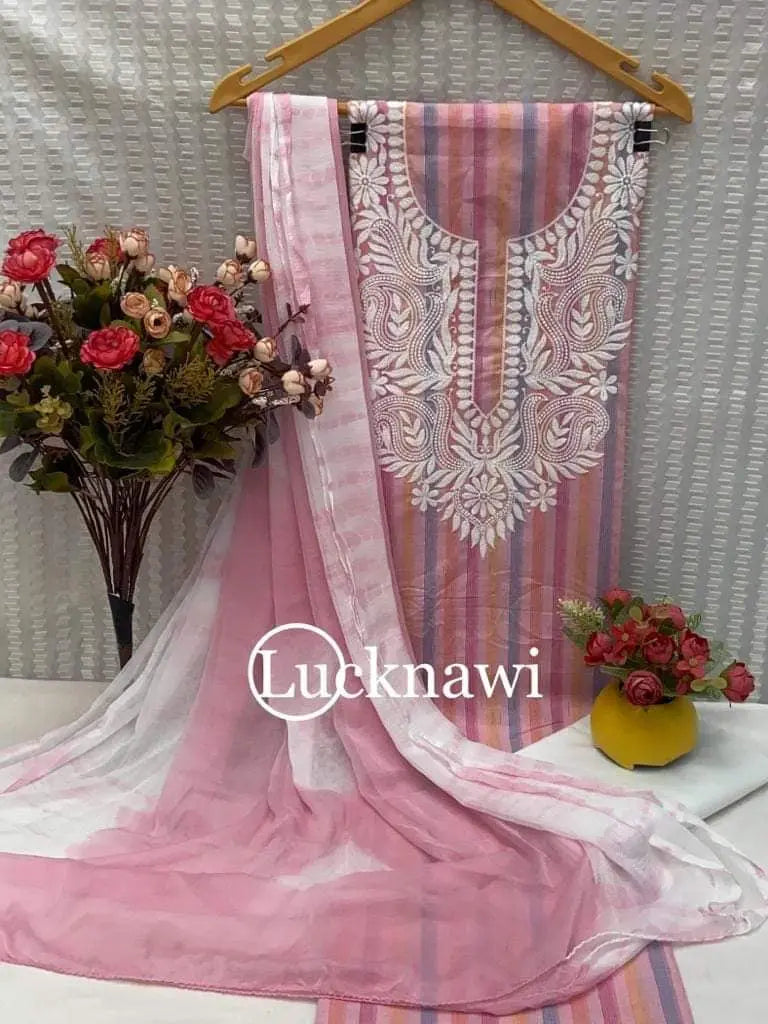 Lucknawis Neck work Embroidery work Stripe pattern Material (Unstitched) Ethenika.com 