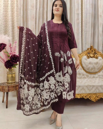 Soft Cotton Self Print Kurti Pant Dupatta Set - Premium  from Ethenika.com - Just INR 2490! Shop now at Ethenika.com 
