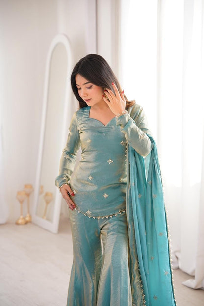 Fendy Silk Embroidery Work Kurti Sharara Dupatta Set
