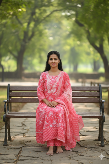 Pink Floral Print Anarkali Kurti Set With Dupatta For Women & Girls