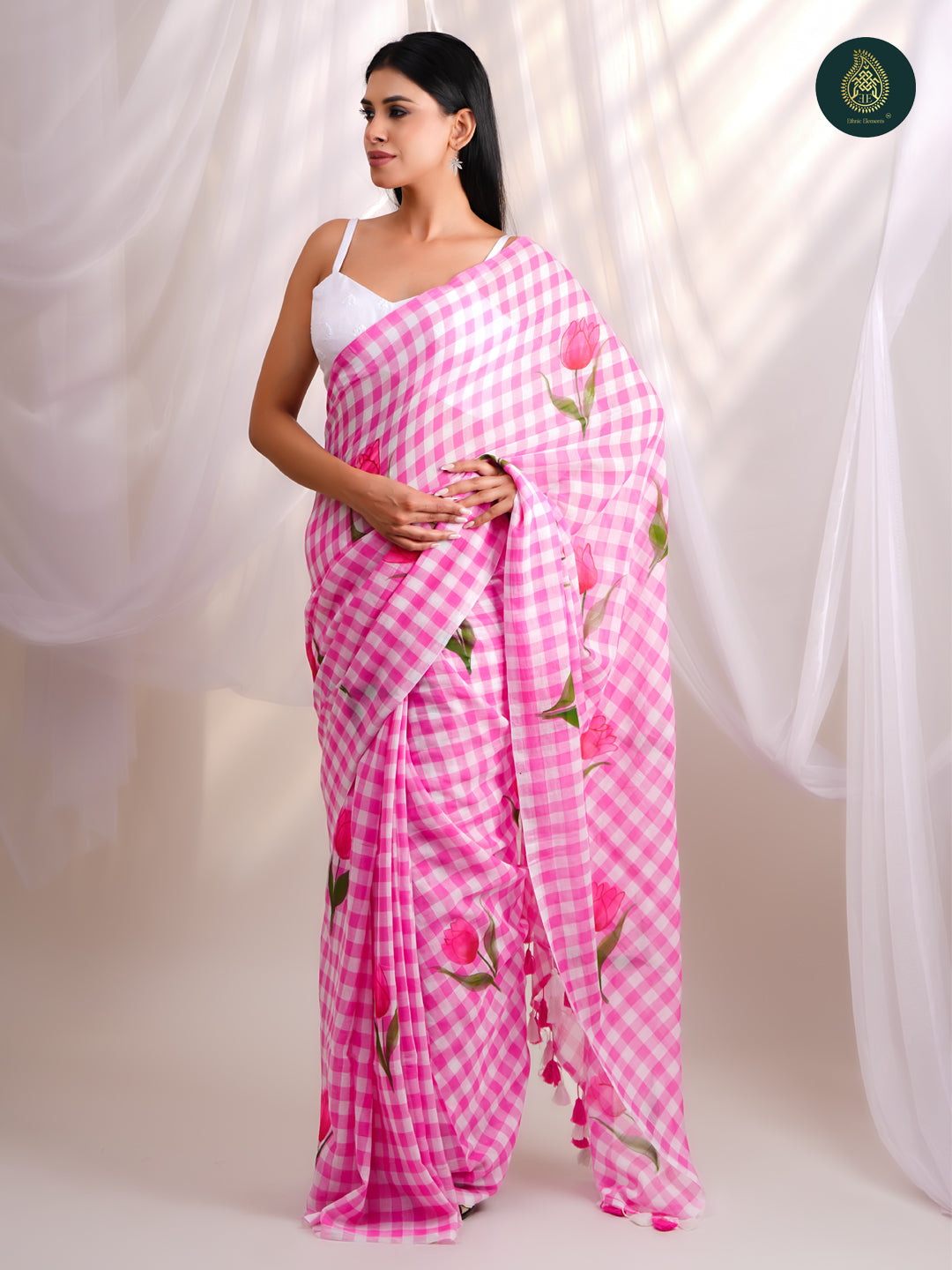 Rose Pink Gingham Checks Mul Cotton Saree - Hand painted