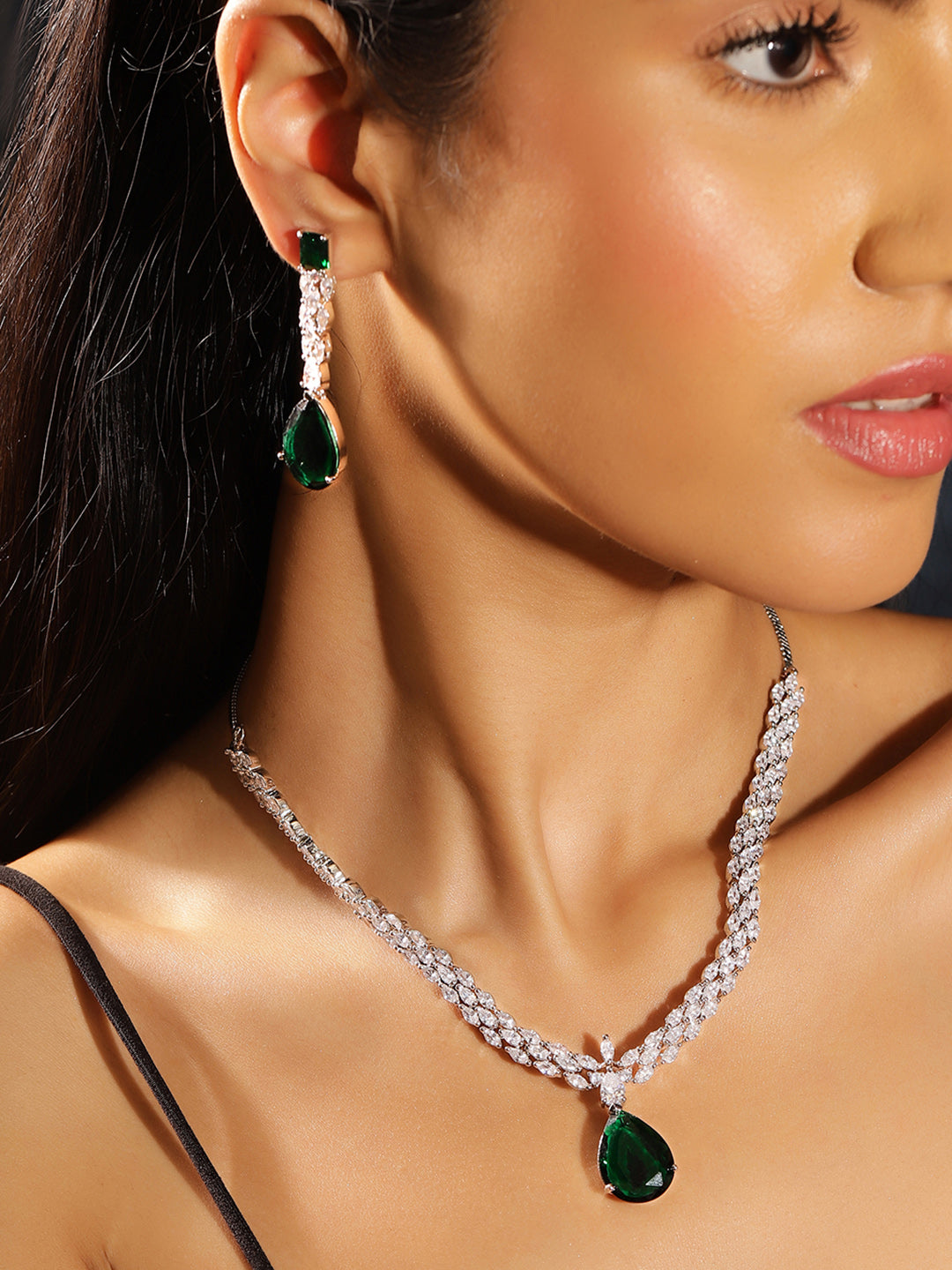 Drop Shaped Emerald American Diamond Silver Plated necklace and Drop Earrings Jewellery Set