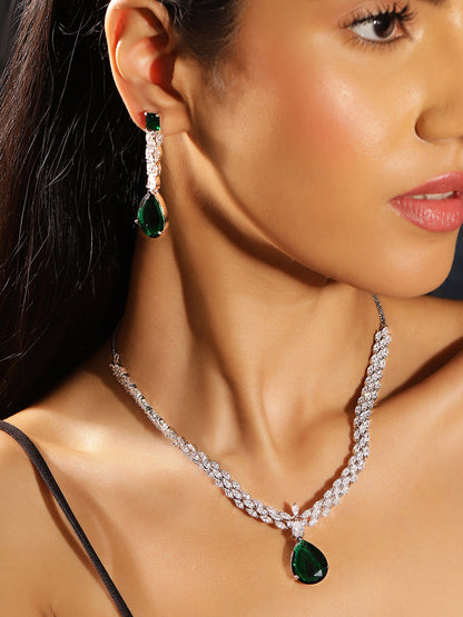 Drop Shaped Emerald American Diamond Silver Plated necklace and Drop Earrings Jewellery Set