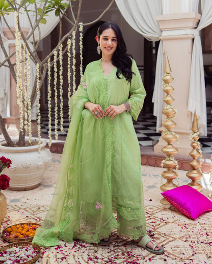 Neo Green Embroidered Chanderi Suit Set
