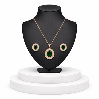 Rose Gold Green Oval Necklace Set for Women And Girls