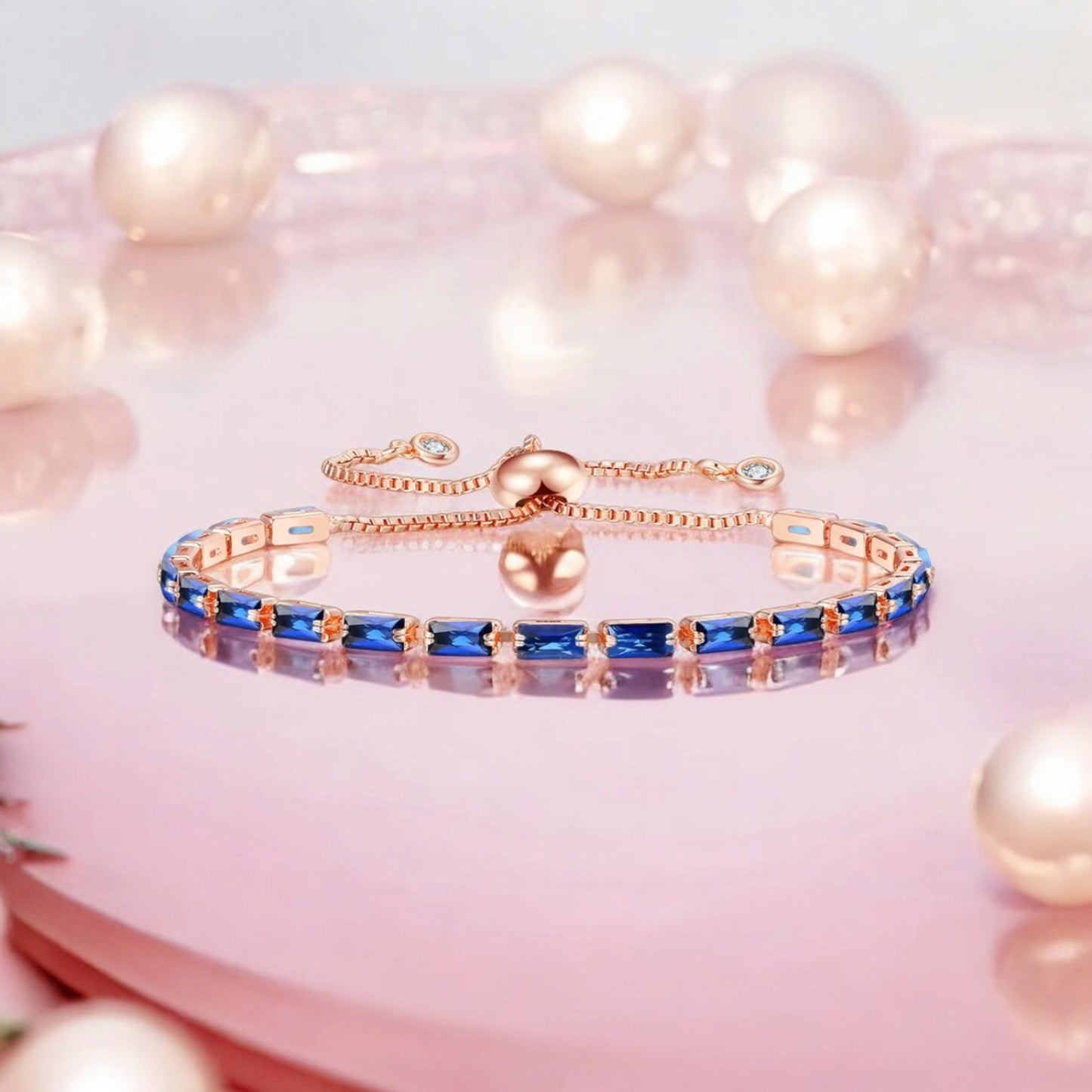 Tennis Bracelet| Rose Gold Plated Cubic Zirconia Adjustable Bracelet| Stylish Fashion Jewellery Gift for Girls & Women (Blue)