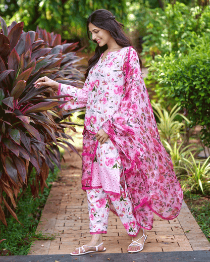Plumeria Pink Printed Cotton Suit Set