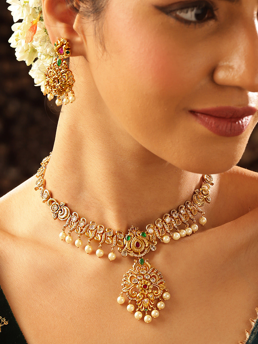 Multicolor stoned Floral Elegance Gold Plated necklace Drop Earrings Jewellery Set