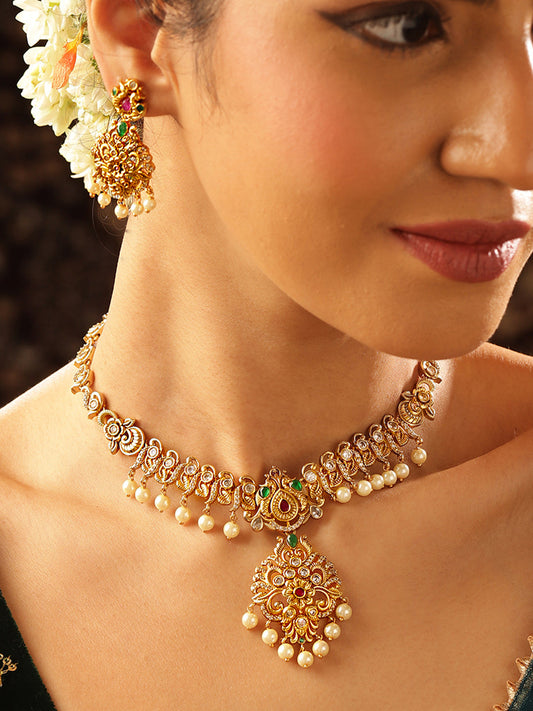 Multicolor stoned Floral Elegance Gold Plated necklace Drop Earrings Jewellery Set