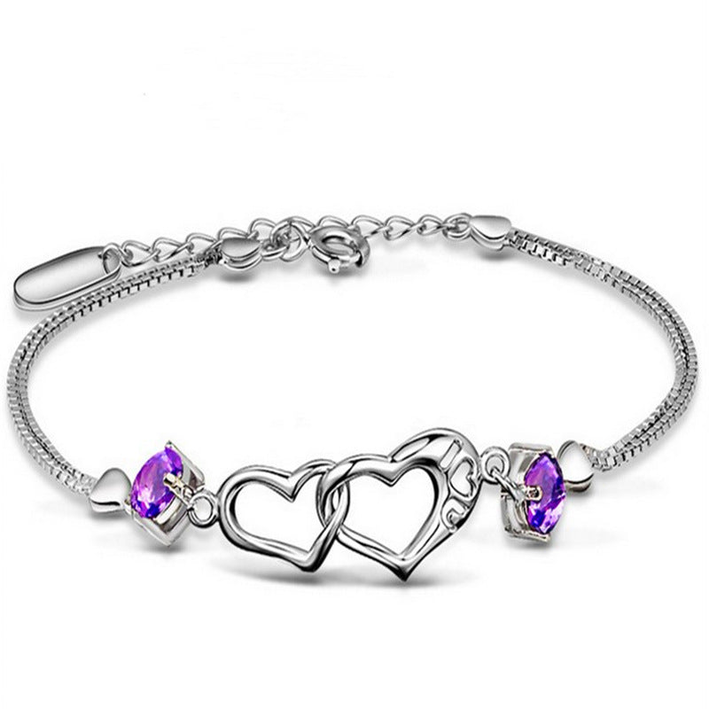 Double Heart Purple CZ Charm Bracelet