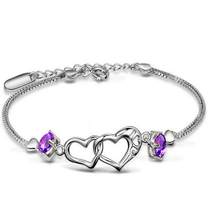 Double Heart Purple CZ Charm Bracelet
