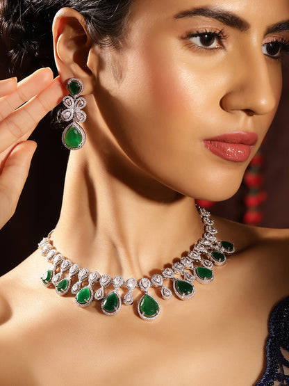 Drop Shaped Emerald American Diamond Necklace Silver Plated Drop Earrings Jewellery Set