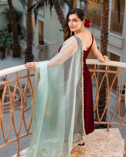 Muglahi Maroon Embroidered Velvet Suit Set