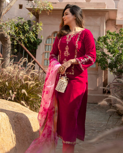 Pink Paradise Velvet Handcrafted Suit Set